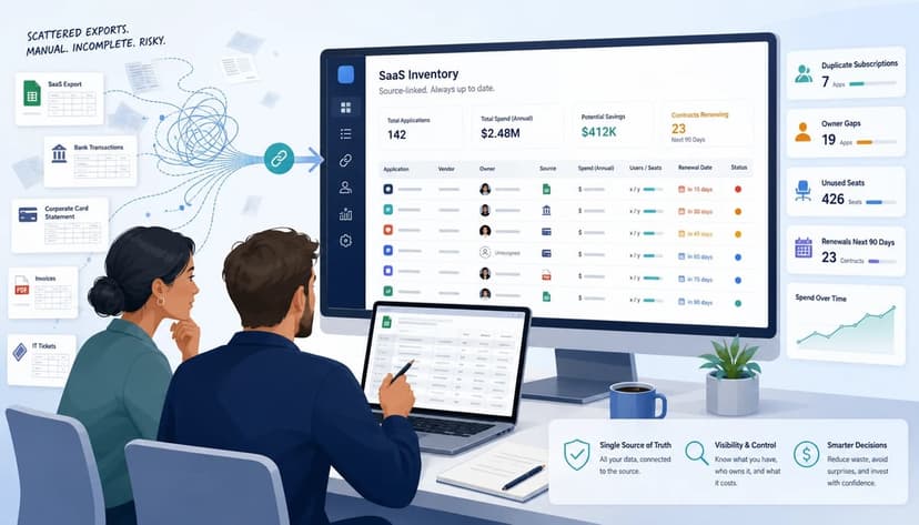 Illustration of a small-business team turning messy software spend exports into a clean SaaS inventory dashboard.