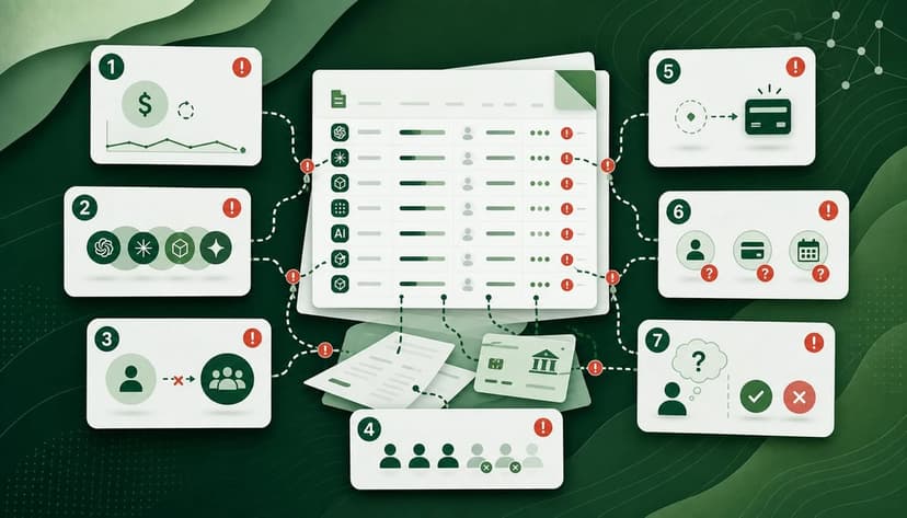 An abstract green-themed editorial illustration featuring seven numbered mistake tiles connected by lines to a central messy AI spend ledger with warning indicators.